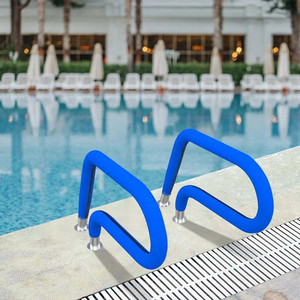Neoprene pool railing covers in blue, offering a secure and comfortable grip for enhanced safety and pool experience.