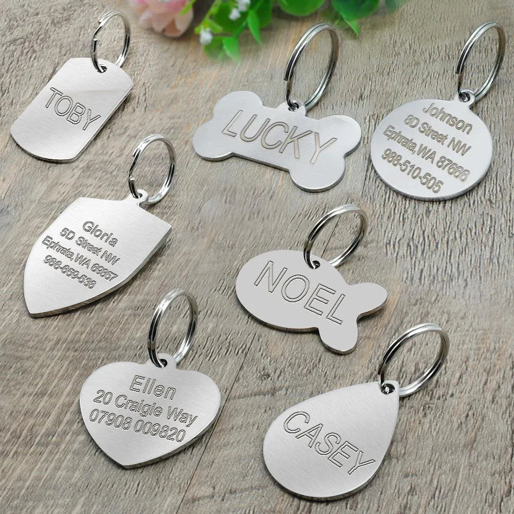 Personalized stainless steel dog tag with a creative, playful shape for unique identification and style