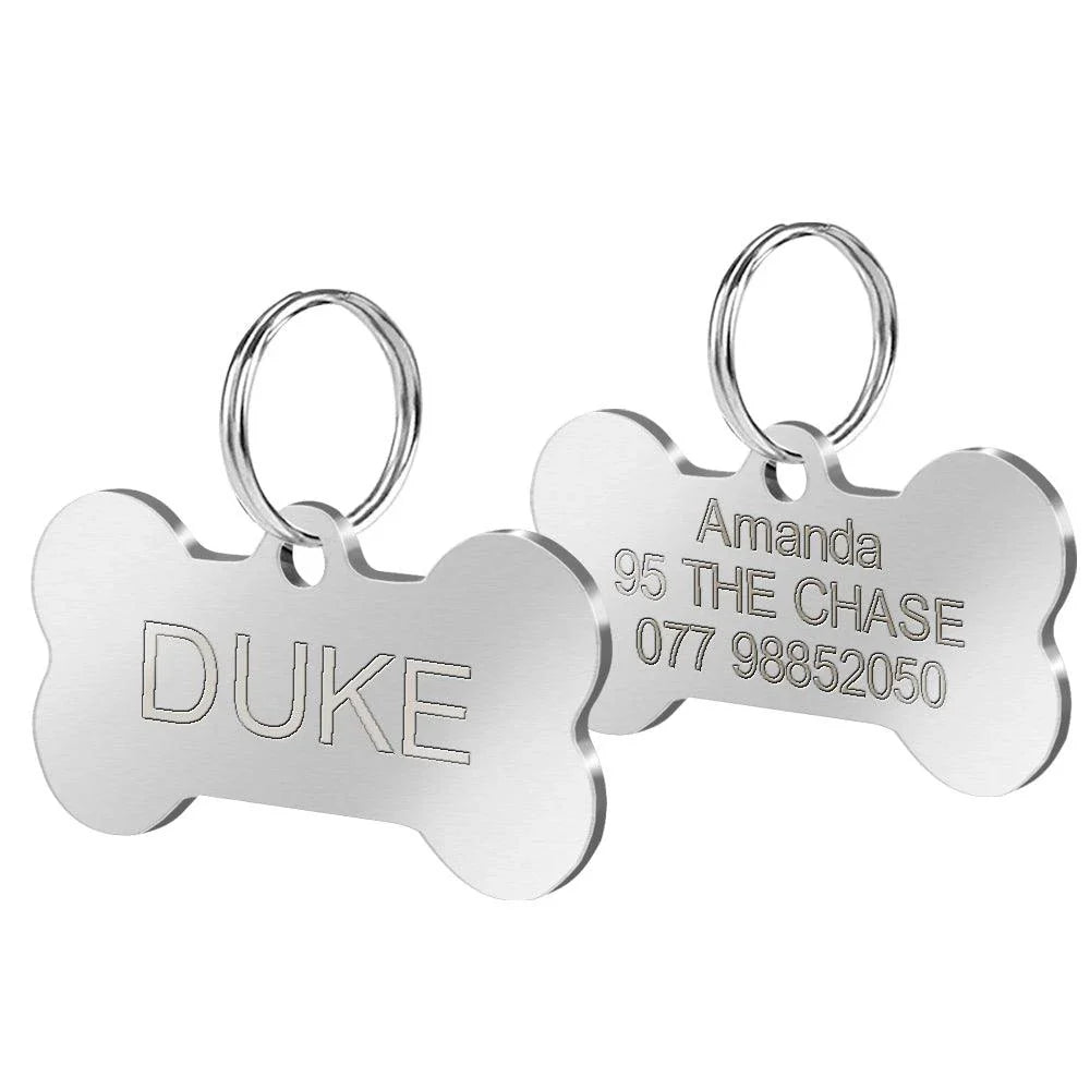 Personalized stainless steel dog tag with a creative, playful shape for unique identification and style