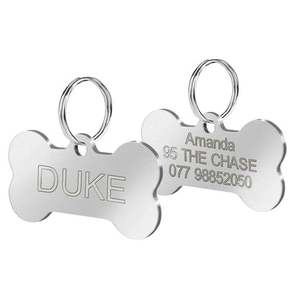 Personalized stainless steel dog tag with a creative, playful shape for unique identification and style