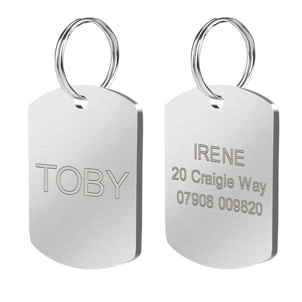 Personalized stainless steel dog tag with a creative, playful shape for unique identification and style
