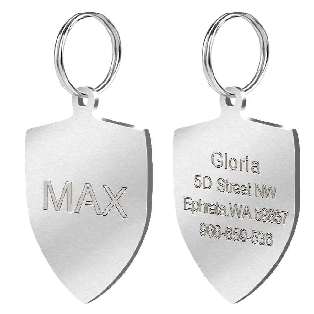 Personalized stainless steel dog tag with a creative, playful shape for unique identification and style