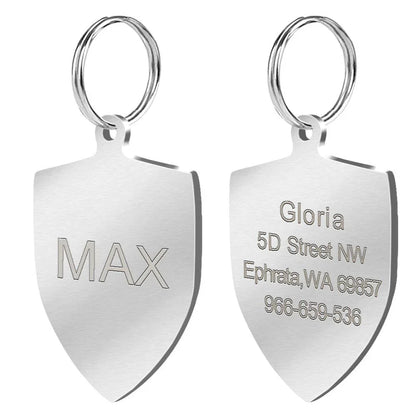 Personalized stainless steel dog tag with a creative, playful shape for unique identification and style