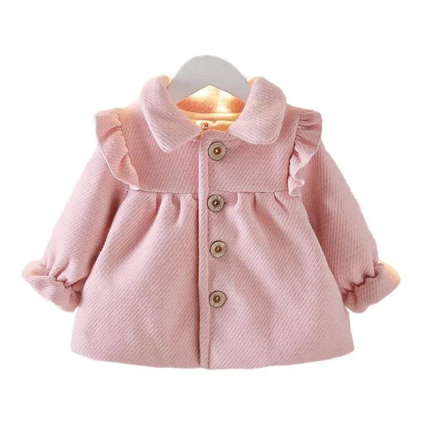 A soft and cozy baby velvet coat in a classic round-neck design, available in a variety of colors to complement any outfit.