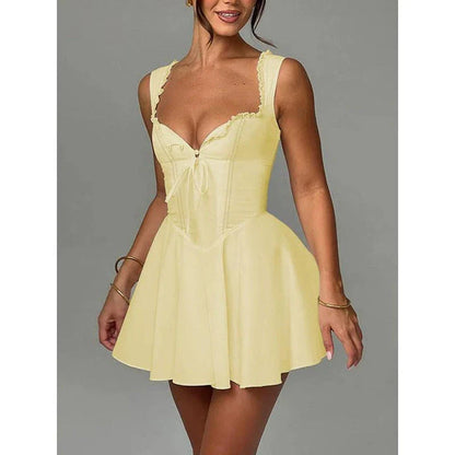 Elegant summer A-line party dress with lace-up detail, featuring a chic square neckline, sleeveless spaghetti straps, and a flattering silhouette.