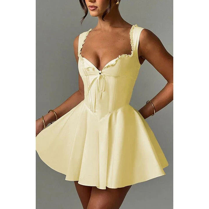 Elegant summer A-line party dress with lace-up detail, featuring a chic square neckline, sleeveless spaghetti straps, and a flattering silhouette.