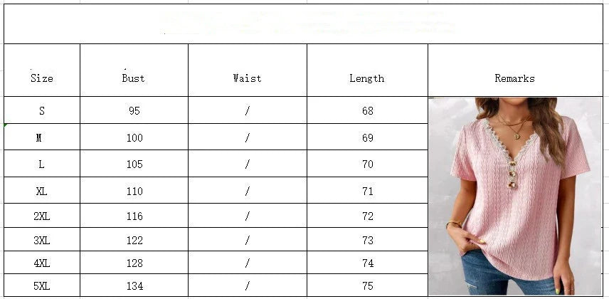 Loose V-neck Casual Lace Button Short Sleeve T-shirt Top in various colors and sizes