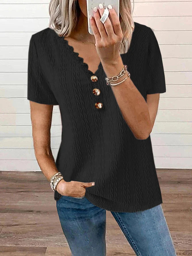 Loose V-neck Casual Lace Button Short Sleeve T-shirt Top in various colors and sizes