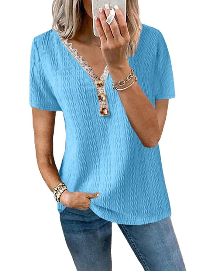 Loose V-neck Casual Lace Button Short Sleeve T-shirt Top in various colors and sizes