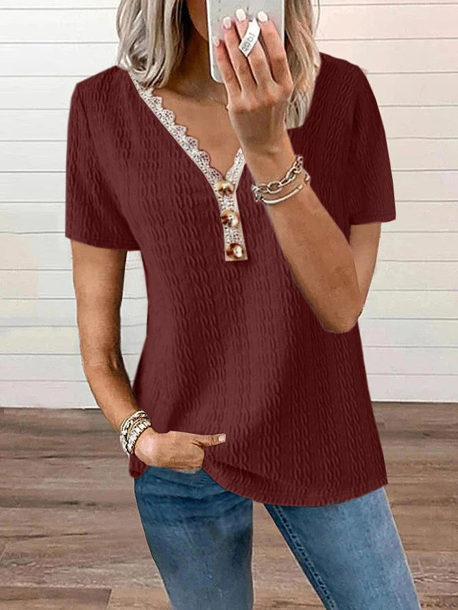 Loose V-neck Casual Lace Button Short Sleeve T-shirt Top in various colors and sizes