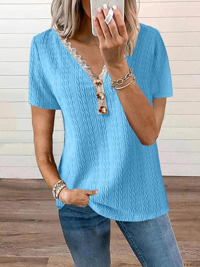 Loose V-neck Casual Lace Button Short Sleeve T-shirt Top in various colors and sizes