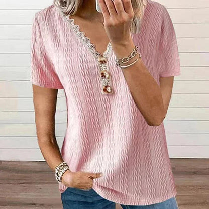 Loose V-neck Casual Lace Button Short Sleeve T-shirt Top in various colors and sizes