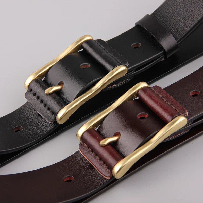 Premium brass buckle men's belt in casual denim fabric, featuring a timeless and sophisticated design for versatile wear.