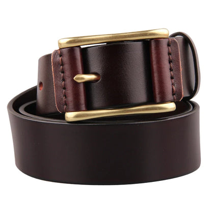 Premium brass buckle men's belt in casual denim fabric, featuring a timeless and sophisticated design for versatile wear.
