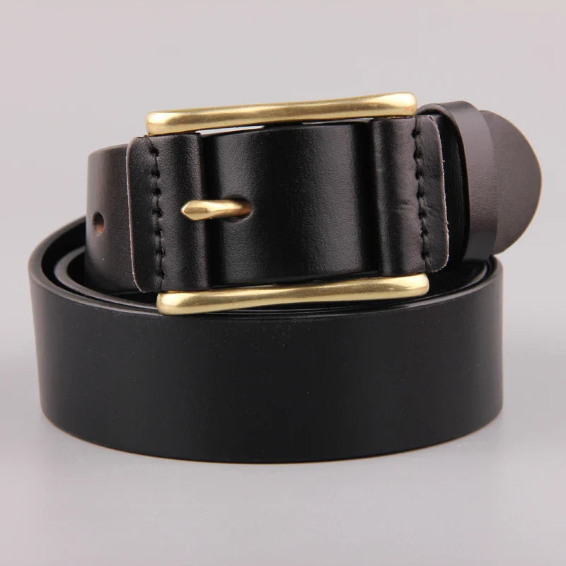 Premium brass buckle men's belt in casual denim fabric, featuring a timeless and sophisticated design for versatile wear.