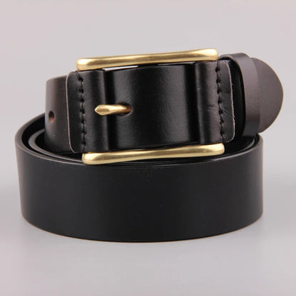 Premium brass buckle men's belt in casual denim fabric, featuring a timeless and sophisticated design for versatile wear.
