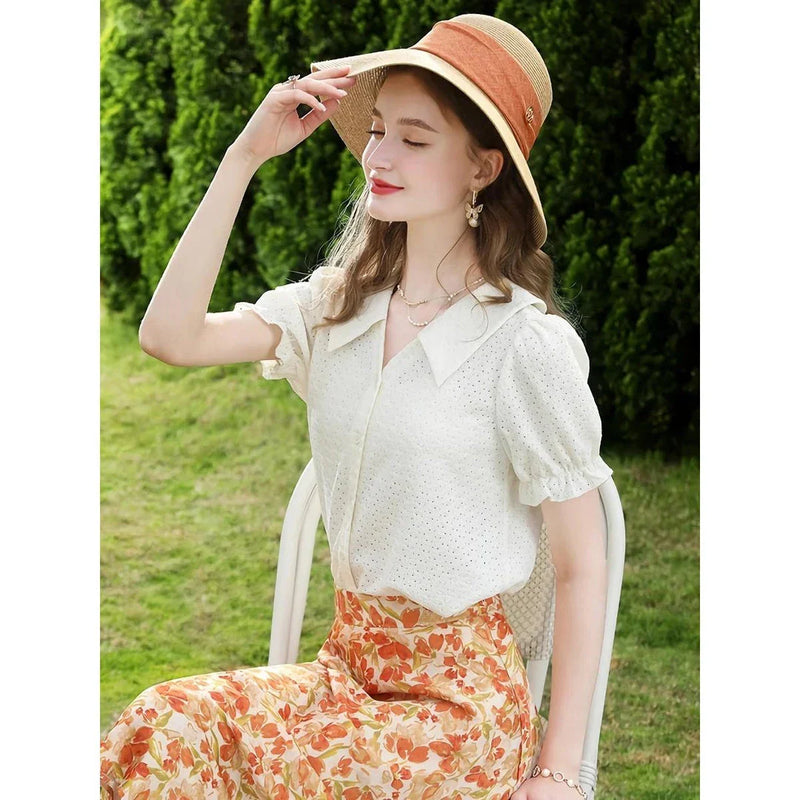 Hhomeenjoy Elegant Apricot French Style Lace Blouse