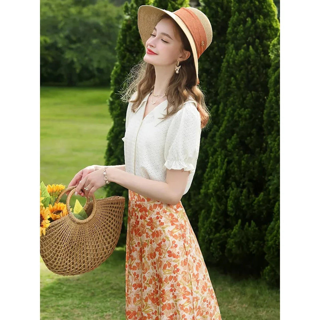 Elegant apricot-colored blouse with French lace details, puff short sleeves, and a V-neck collar