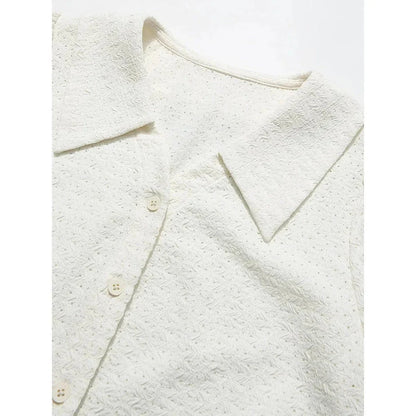 Elegant apricot-colored blouse with French lace details, puff short sleeves, and a V-neck collar