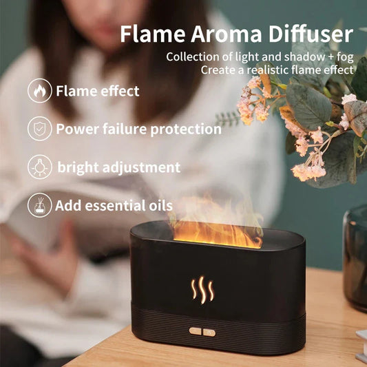 Aromatic Flame Diffuser & Ultrasonic Humidifier with USB Power, creating a soothing oasis with its flame-like effect and therapeutic mist.