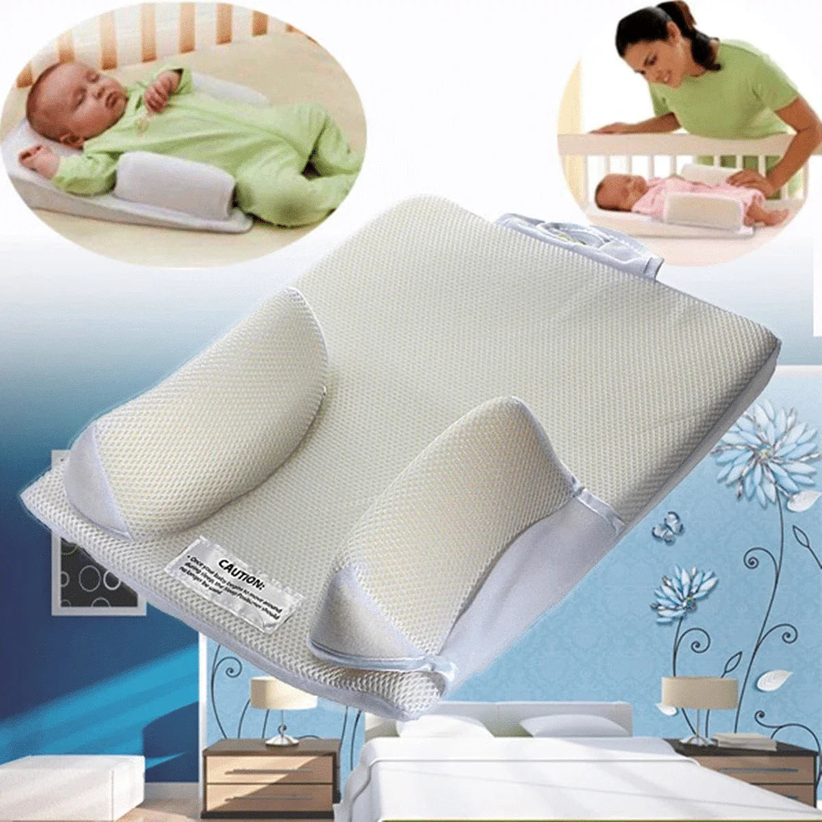 Newborn baby sleeping comfortably on the Baby Sleep Fixed Position & Anti Roll Pillow, with elevated head and air vent bumpers for optimal breathing and cooling.