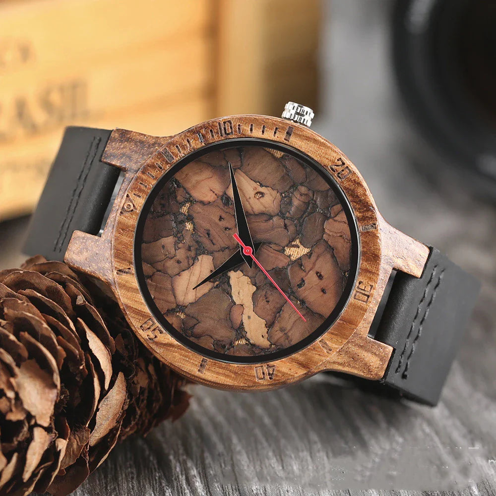 Casual wooden men's watch with a broken leaf dial design, featuring a premium wooden case and a comfortable leather strap