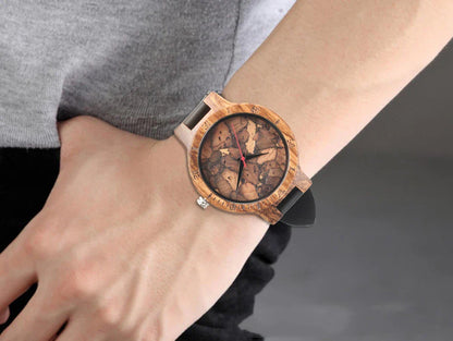 Casual wooden men's watch with a broken leaf dial design, featuring a premium wooden case and a comfortable leather strap
