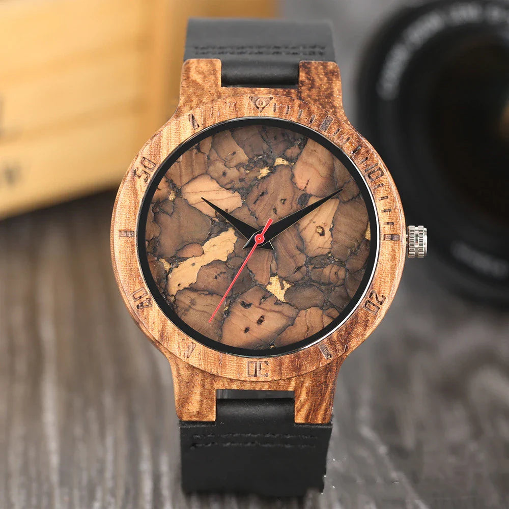 Casual wooden men's watch with a broken leaf dial design, featuring a premium wooden case and a comfortable leather strap