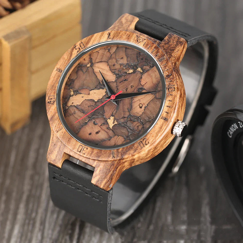 Casual wooden men's watch with a broken leaf dial design, featuring a premium wooden case and a comfortable leather strap