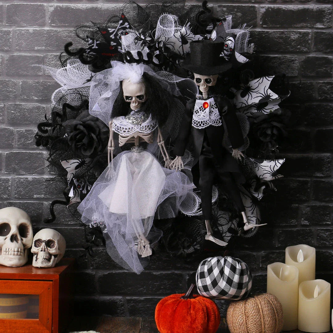 Halloween skull bride and groom mesh garland, a spooky and unique decoration for your haunted house or Halloween party