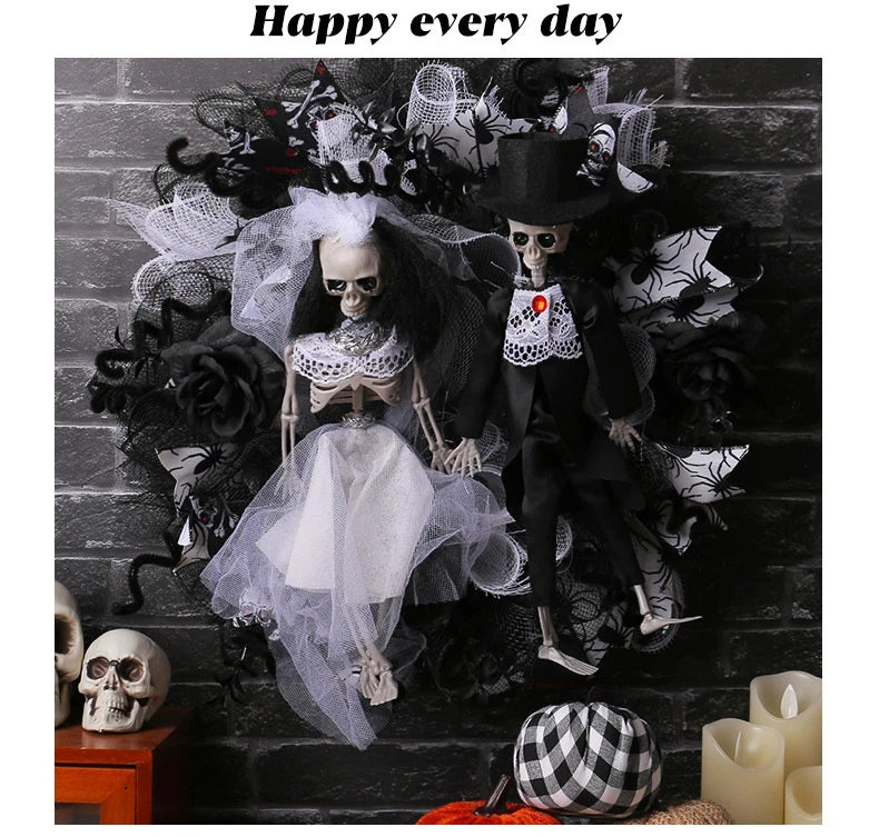 Halloween skull bride and groom mesh garland, a spooky and unique decoration for your haunted house or Halloween party