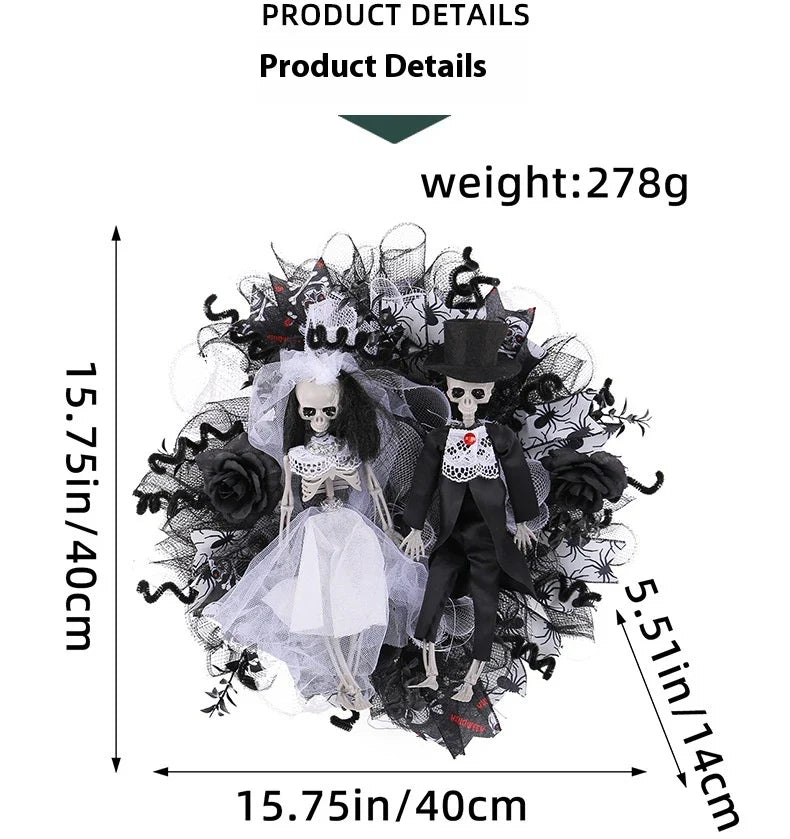 Halloween skull bride and groom mesh garland, a spooky and unique decoration for your haunted house or Halloween party