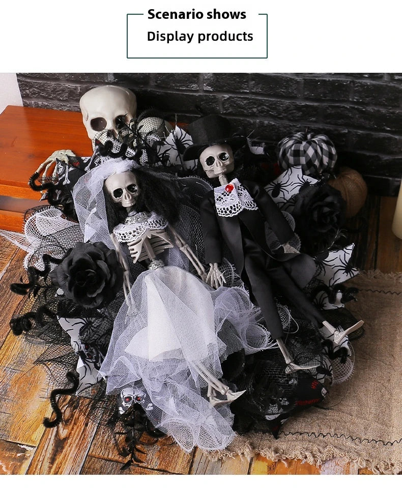 Halloween skull bride and groom mesh garland, a spooky and unique decoration for your haunted house or Halloween party