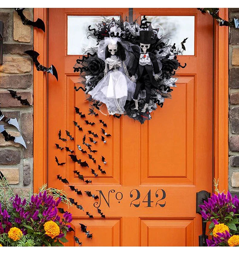 Halloween skull bride and groom mesh garland, a spooky and unique decoration for your haunted house or Halloween party