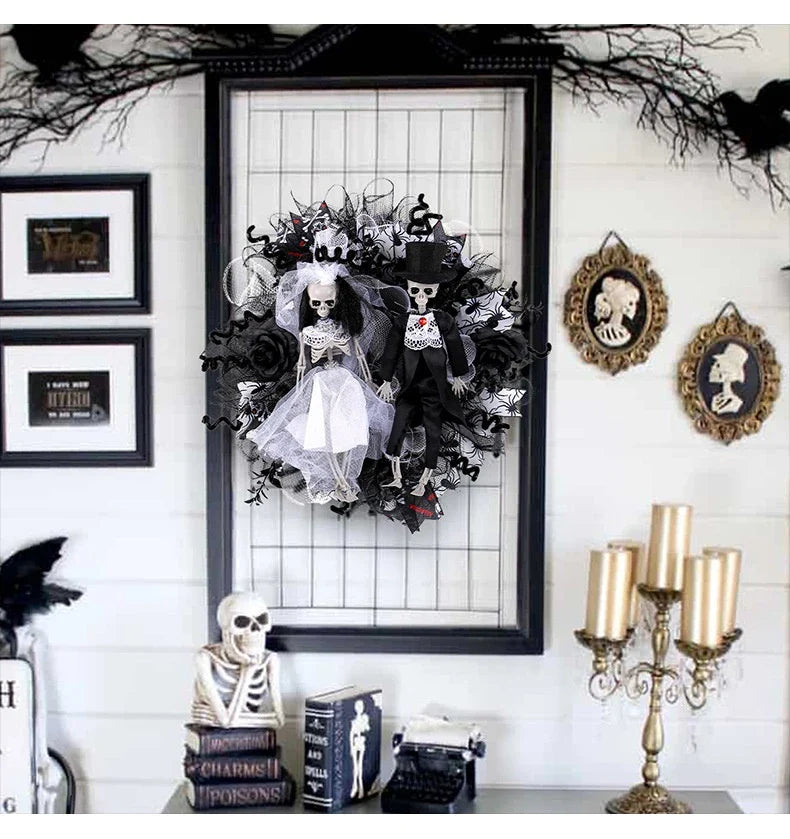 Halloween skull bride and groom mesh garland, a spooky and unique decoration for your haunted house or Halloween party