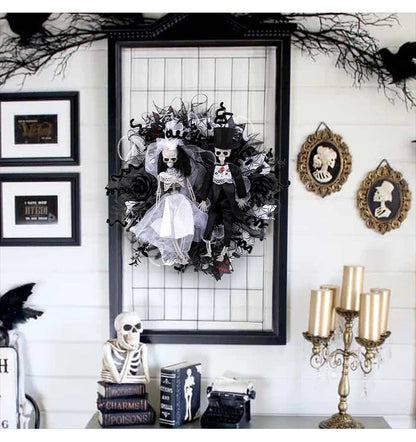 Halloween skull bride and groom mesh garland, a spooky and unique decoration for your haunted house or Halloween party