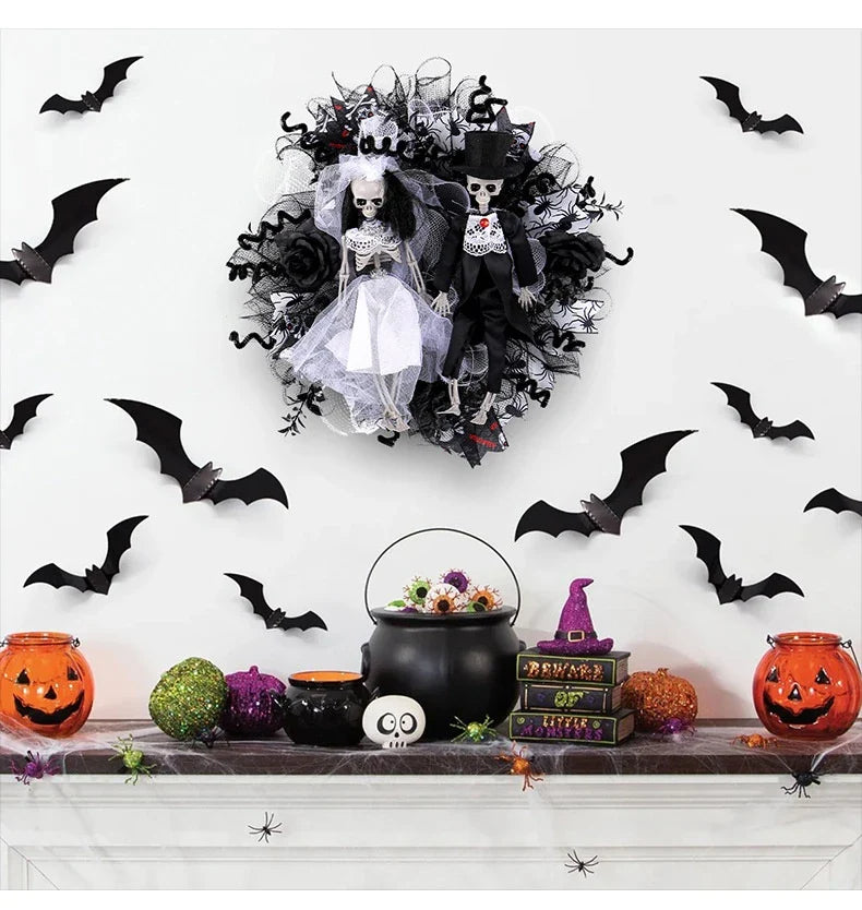 Halloween skull bride and groom mesh garland, a spooky and unique decoration for your haunted house or Halloween party