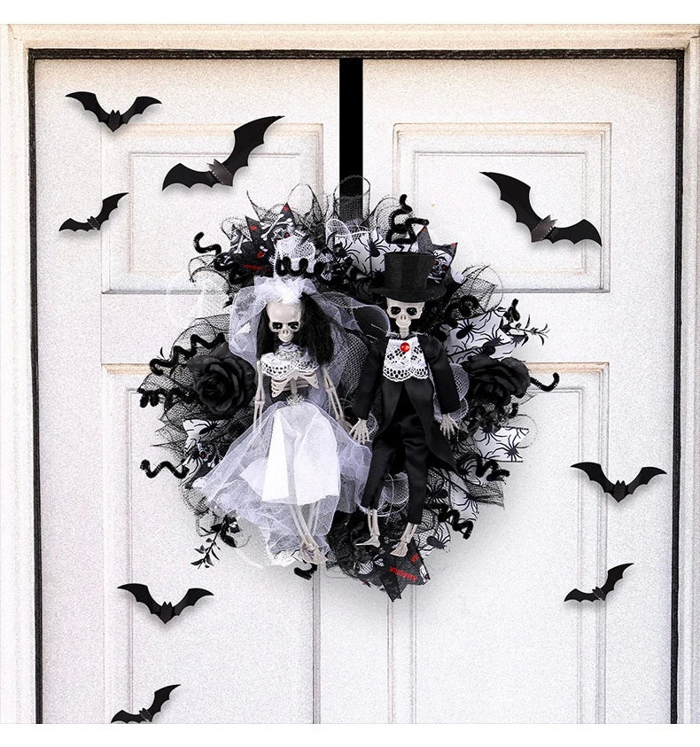 Halloween skull bride and groom mesh garland, a spooky and unique decoration for your haunted house or Halloween party