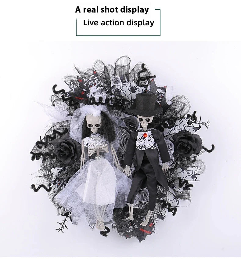 Halloween skull bride and groom mesh garland, a spooky and unique decoration for your haunted house or Halloween party