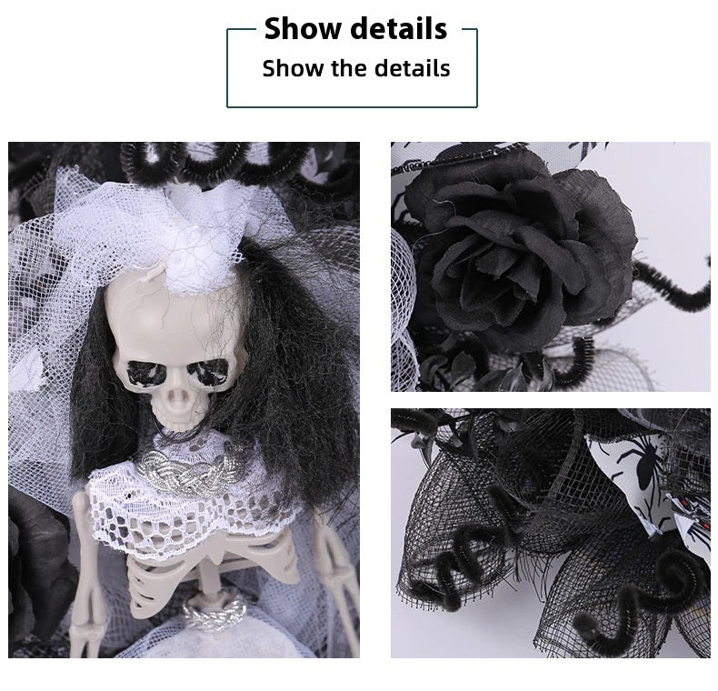 Halloween skull bride and groom mesh garland, a spooky and unique decoration for your haunted house or Halloween party