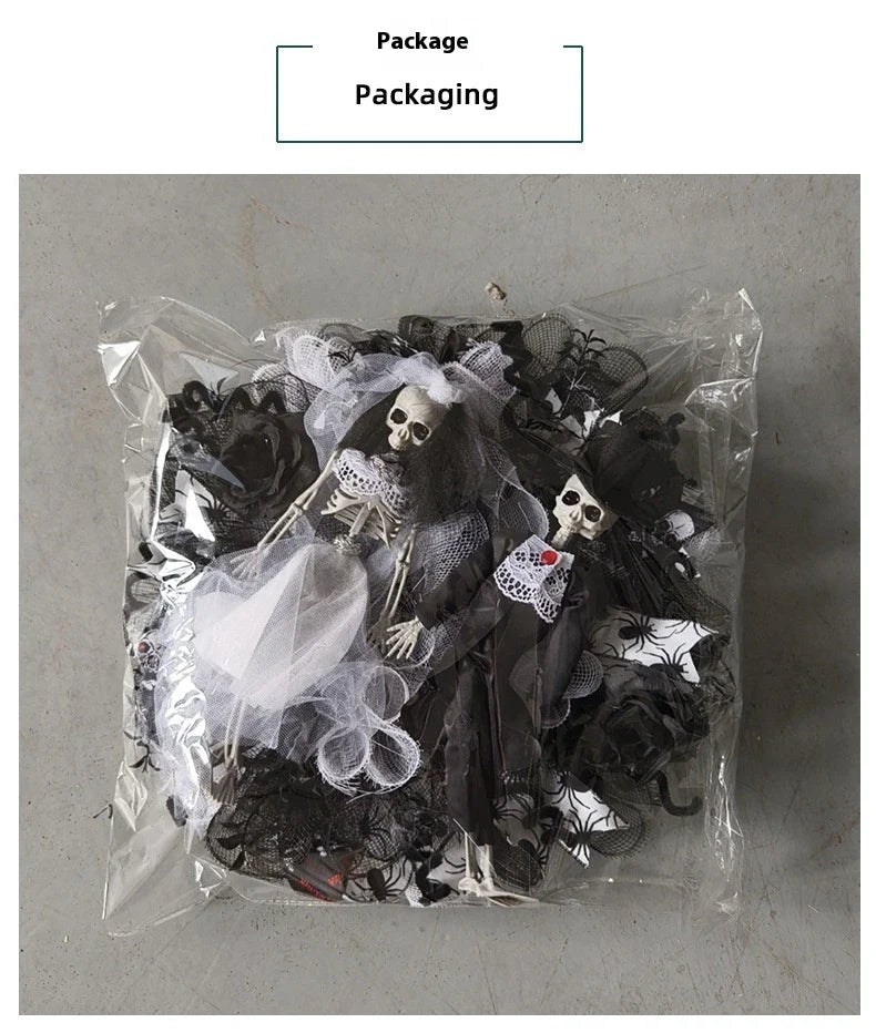 Halloween skull bride and groom mesh garland, a spooky and unique decoration for your haunted house or Halloween party