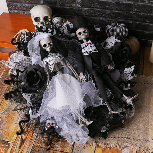 Halloween skull bride and groom mesh garland, a spooky and unique decoration for your haunted house or Halloween party