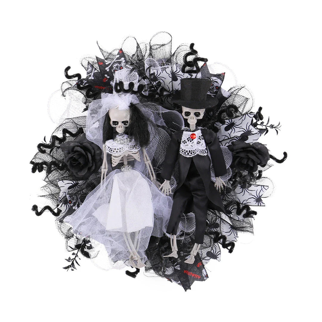 Halloween skull bride and groom mesh garland, a spooky and unique decoration for your haunted house or Halloween party