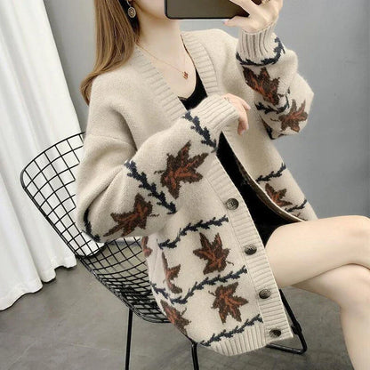 Women's maple leaf jacquard knitted cardigan in a loose, cozy fit with a V-neck and long sleeves
