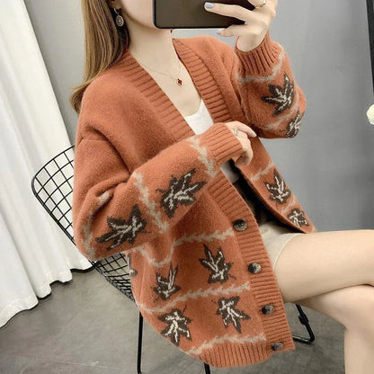 Women's maple leaf jacquard knitted cardigan in a loose, cozy fit with a V-neck and long sleeves