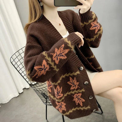 Women's maple leaf jacquard knitted cardigan in a loose, cozy fit with a V-neck and long sleeves