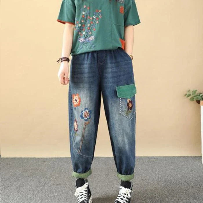 Embroidered Patchwork Ankle-Length Harem Jeans in a casual, relaxed style