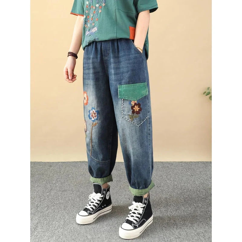 Embroidered Patchwork Ankle-Length Harem Jeans in a casual, relaxed style