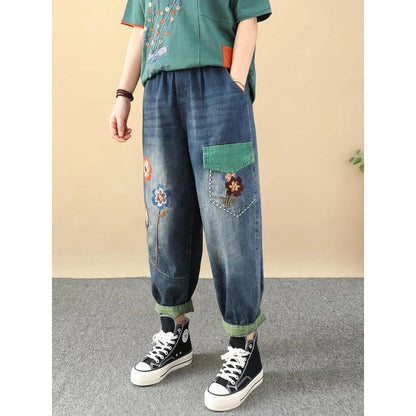 Embroidered Patchwork Ankle-Length Harem Jeans in a casual, relaxed style