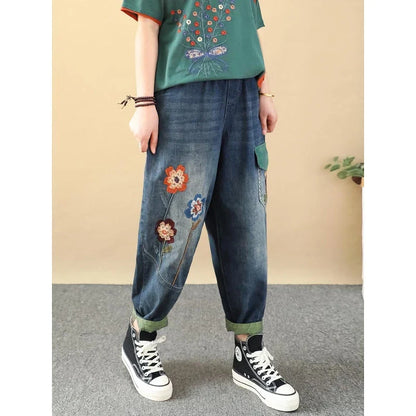 Embroidered Patchwork Ankle-Length Harem Jeans in a casual, relaxed style